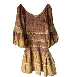 Barok Paris Dress Sz Sm Smocked Ruffle Floral 100% Cotton Gold-Brown 3/4 Sleeves
